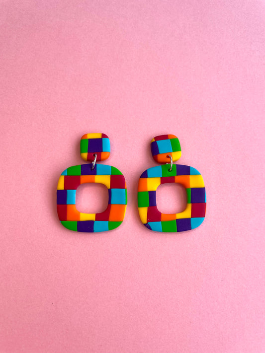 PRIDE Rainbow Checkerboard Rounded Square Earrings