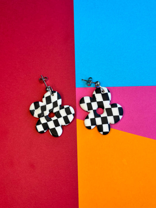Black and White Checkerboard Flower Earrings