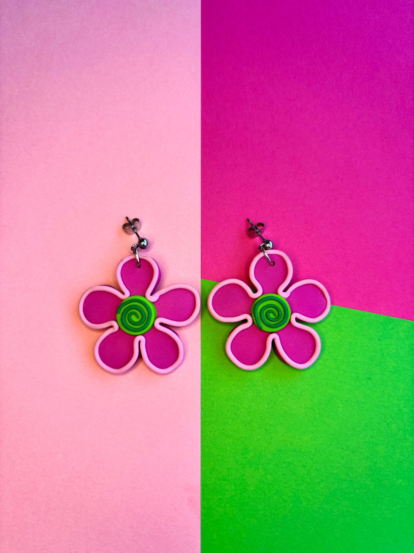 Pink and Green Swirly Flower Earrings