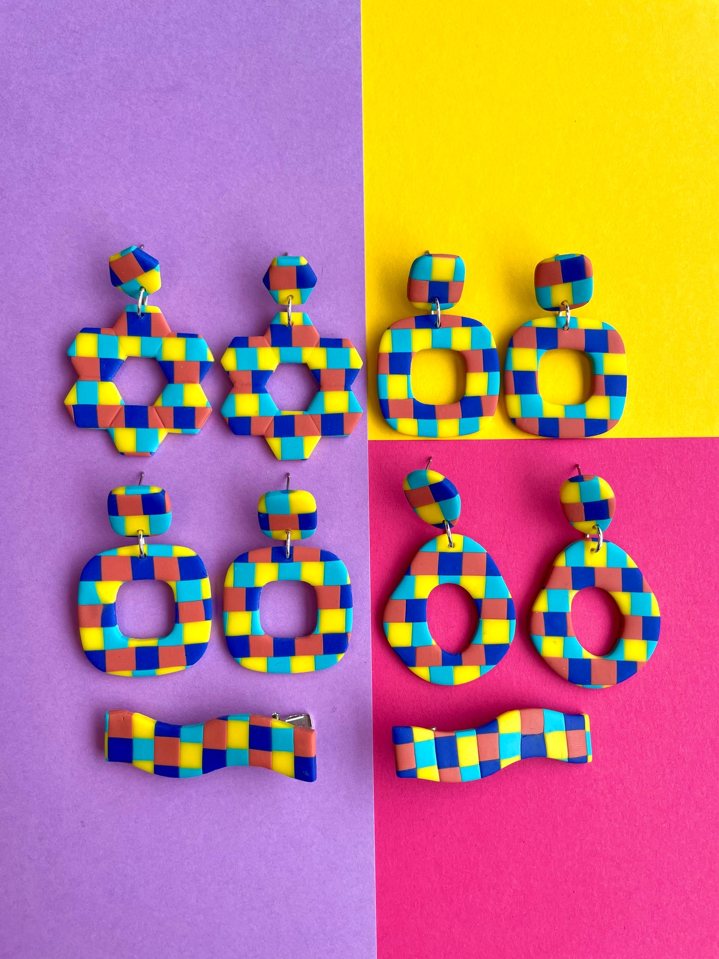 Yellow & Blues Checkerboard Square Earrings