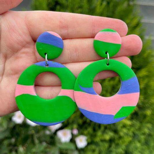 Green, Blue, and Pink Big Circle Stud Earrings