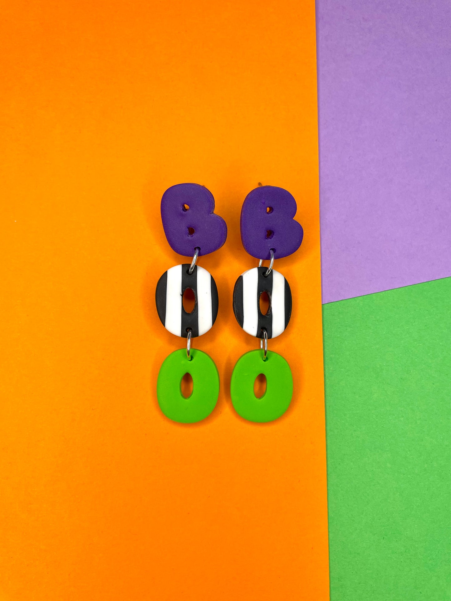 HALLOWEEN ‘BOO’ Dangles - Lime Green, Black and White Stripes