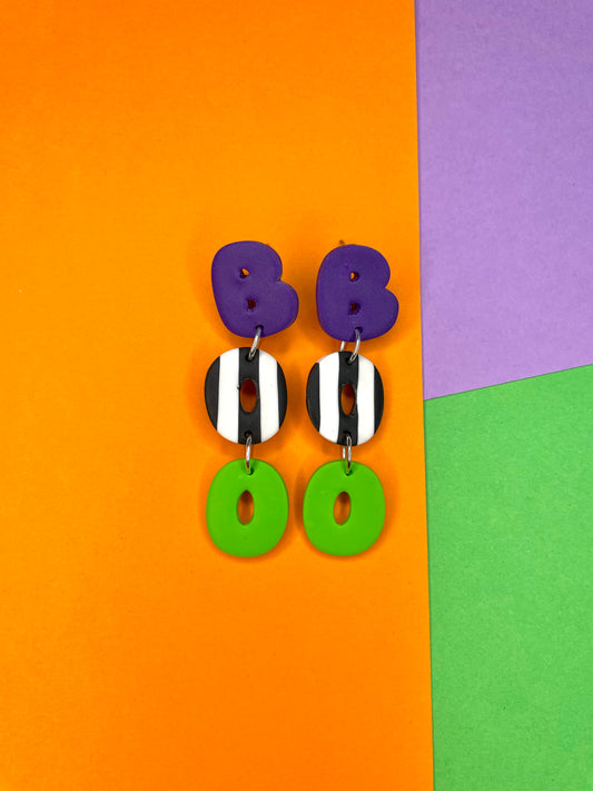 HALLOWEEN ‘BOO’ Dangles - Lime Green, Black and White Stripes