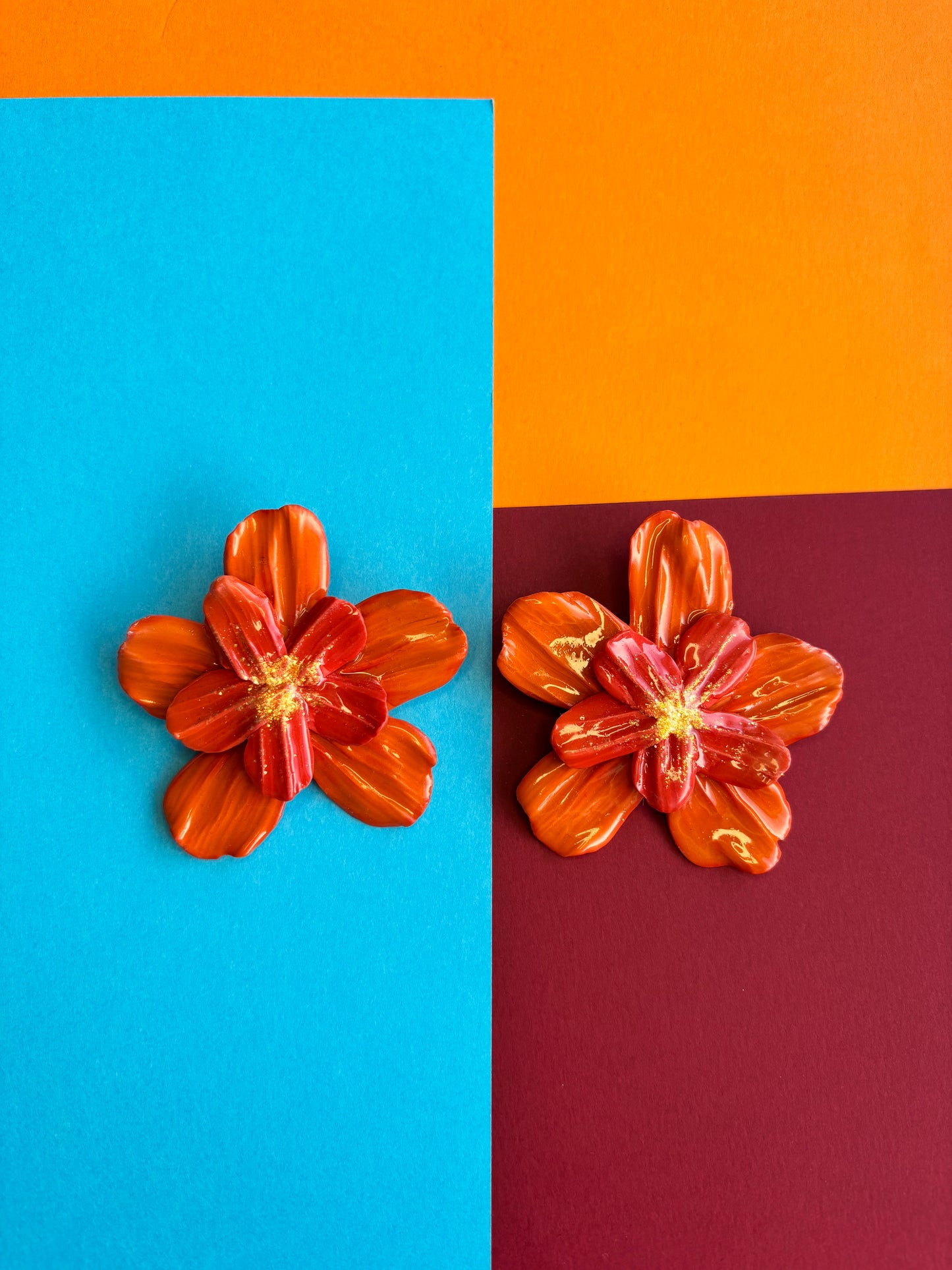 Orange Glittery Flower Studs - Large