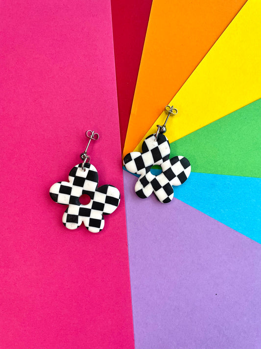 Black & White Checkerboard Flower Studs