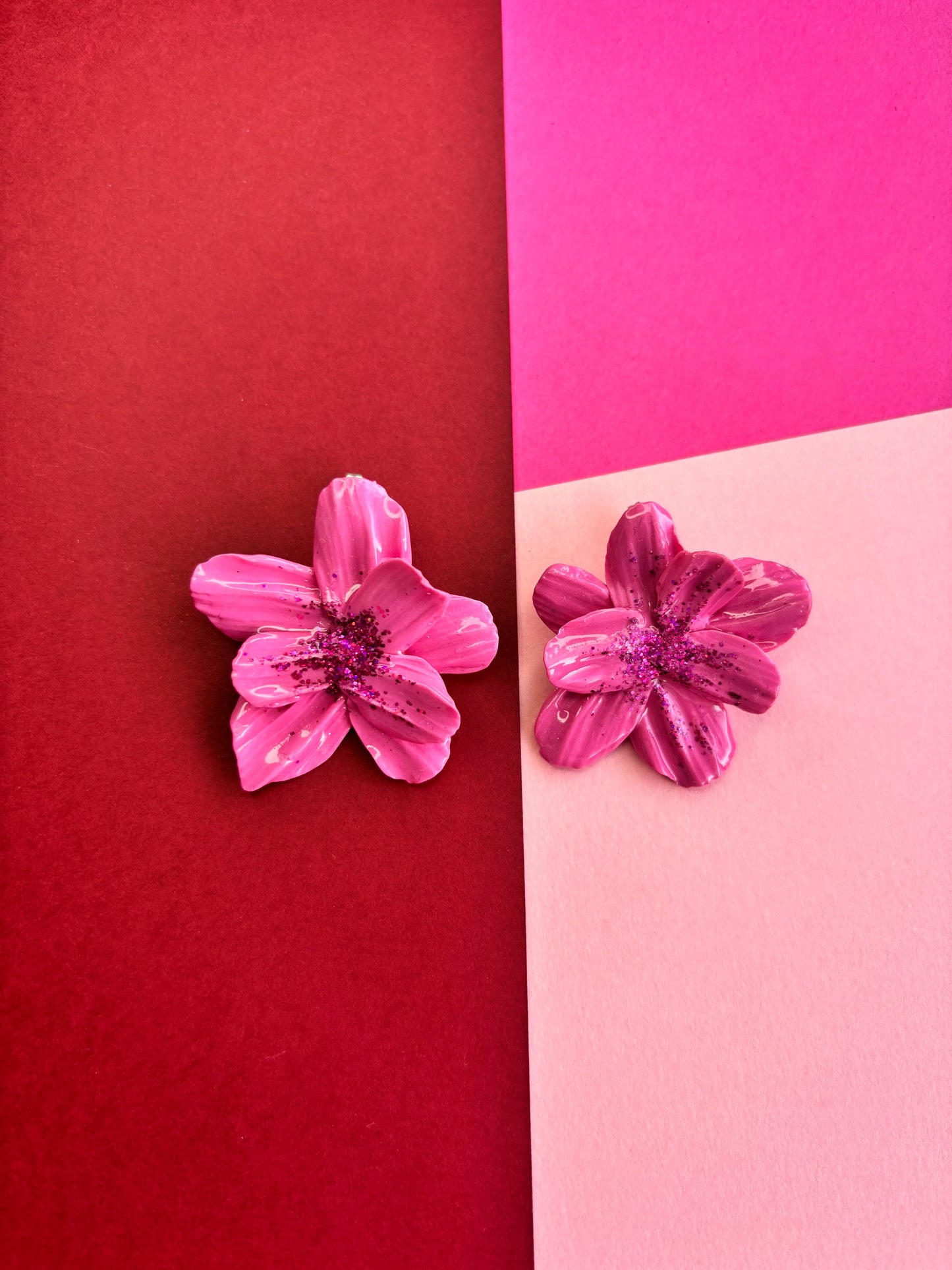 Pink Glittery Flower Studs - Small