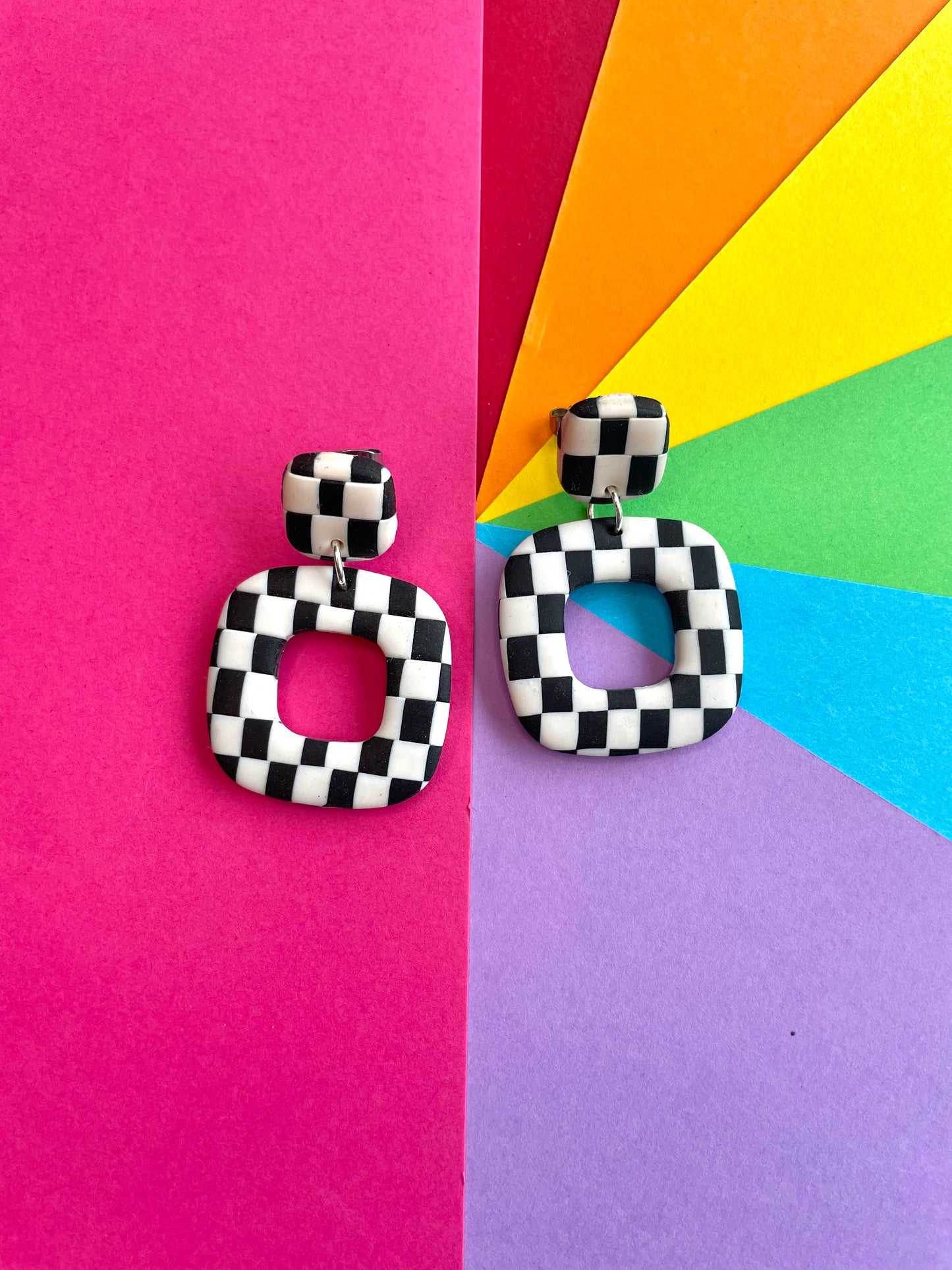 Black & White Checker-Board Square Earrings