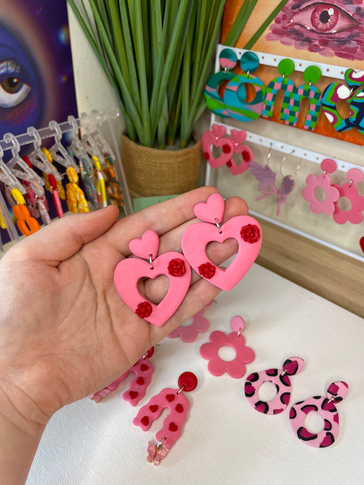 Pink Heart Earrings with Red Flowers