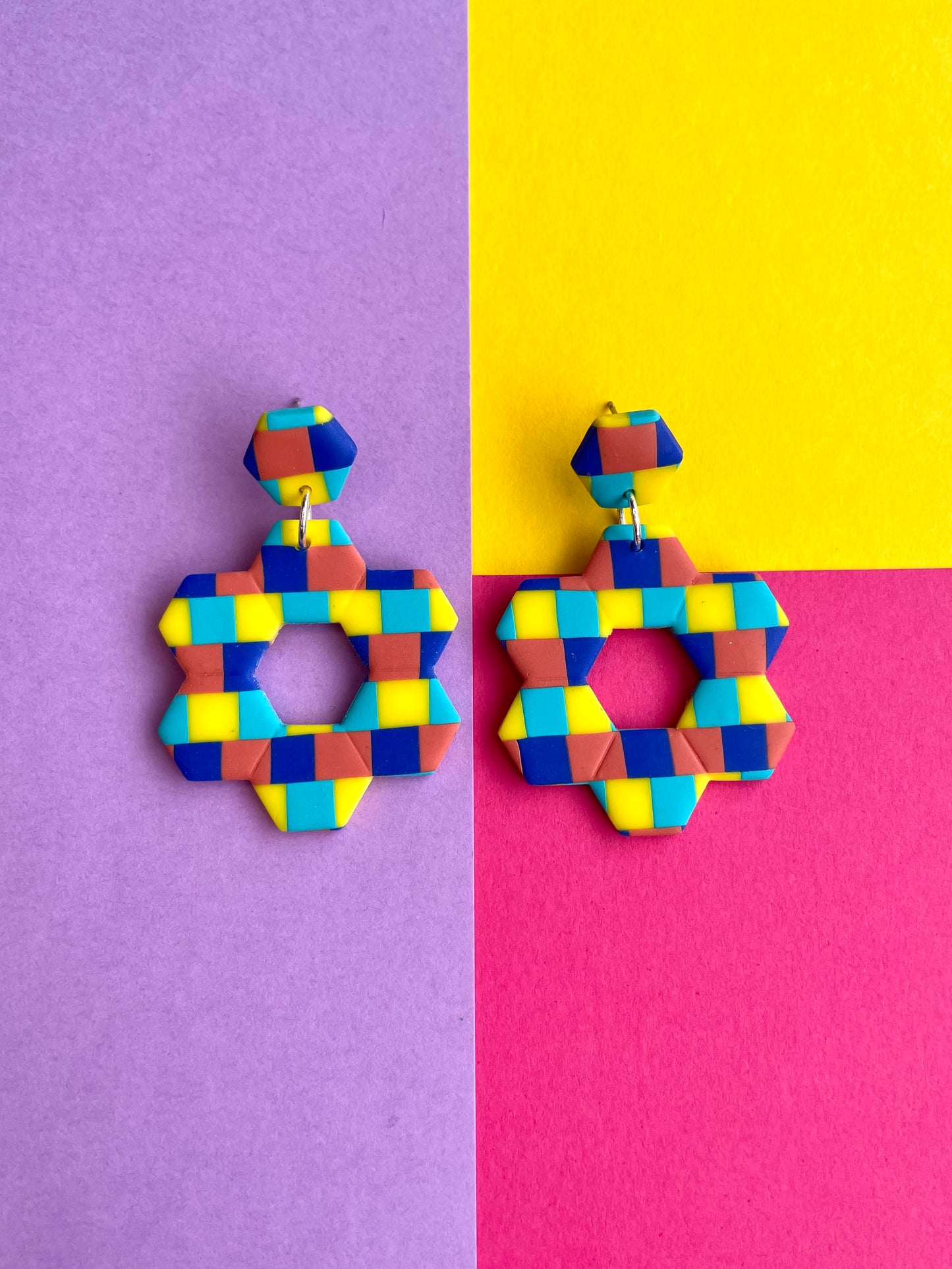 Yellow and Blues Hexagon Earrings