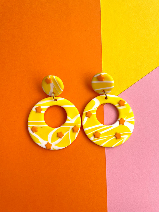 Yellow Summer Earrings with Orange Stars