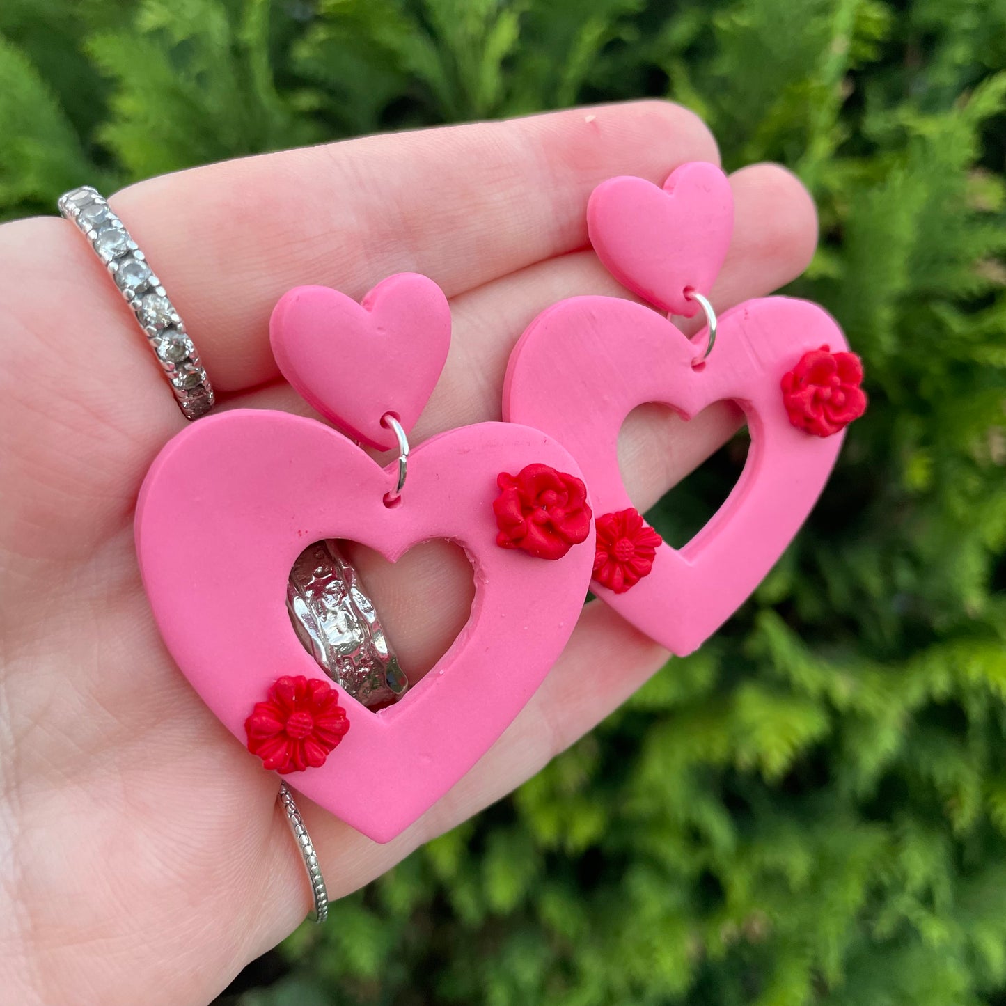 Pink Heart Earrings with Red Flowers