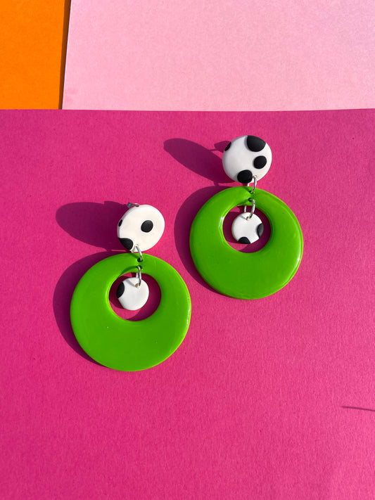 Lime Green & Polka Dot Glossy Circle Dangle Earrings
