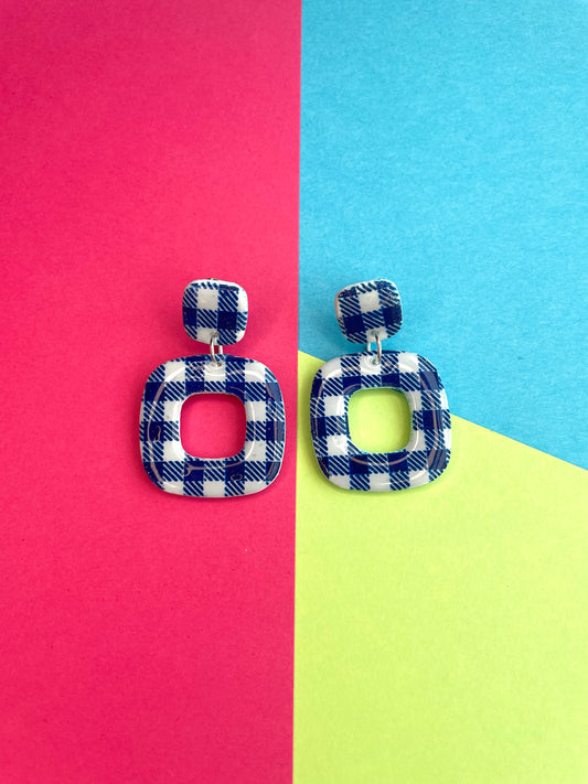 Blue Gingham Square Studs