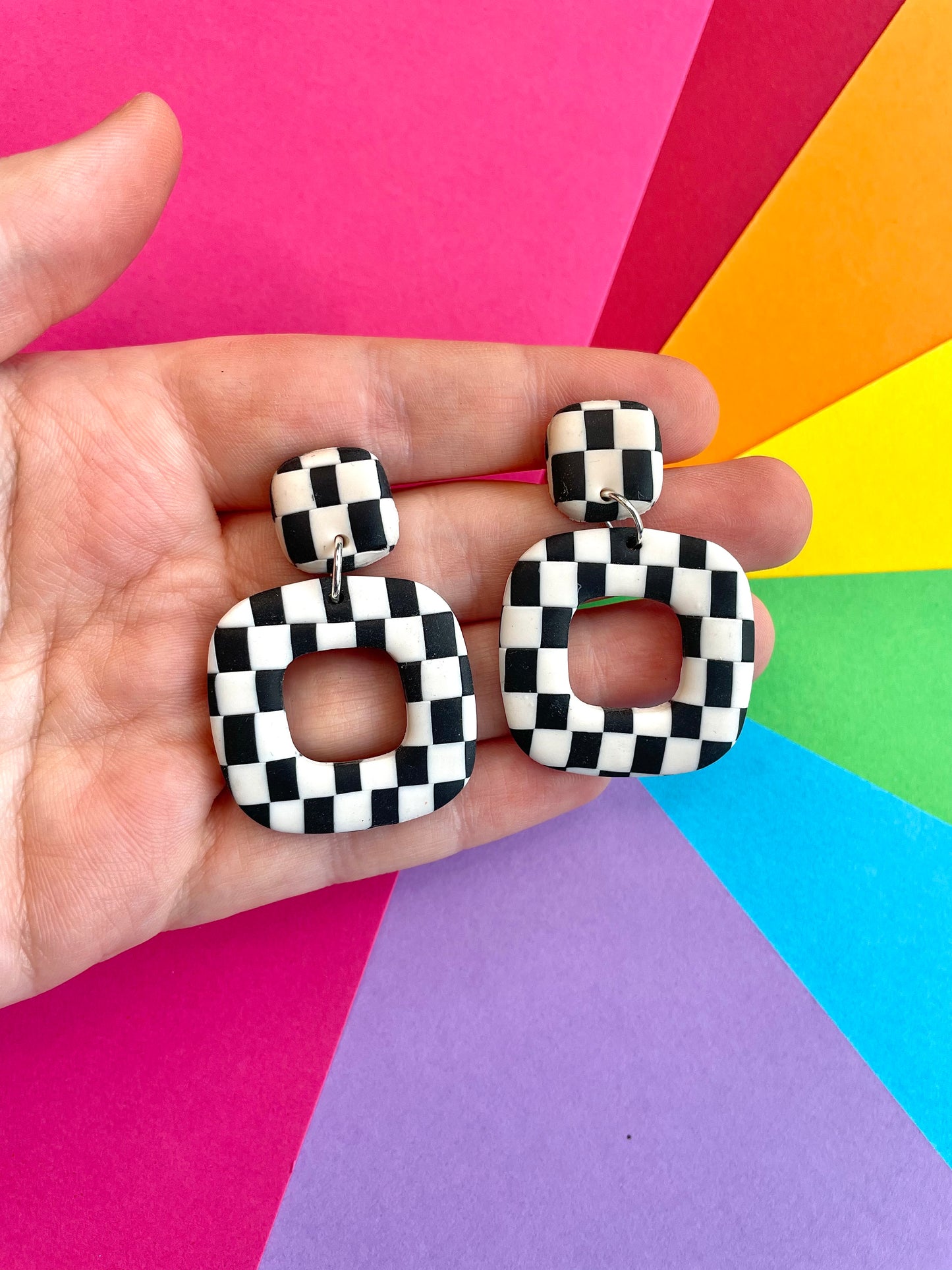 Black & White Checker-Board Square Earrings