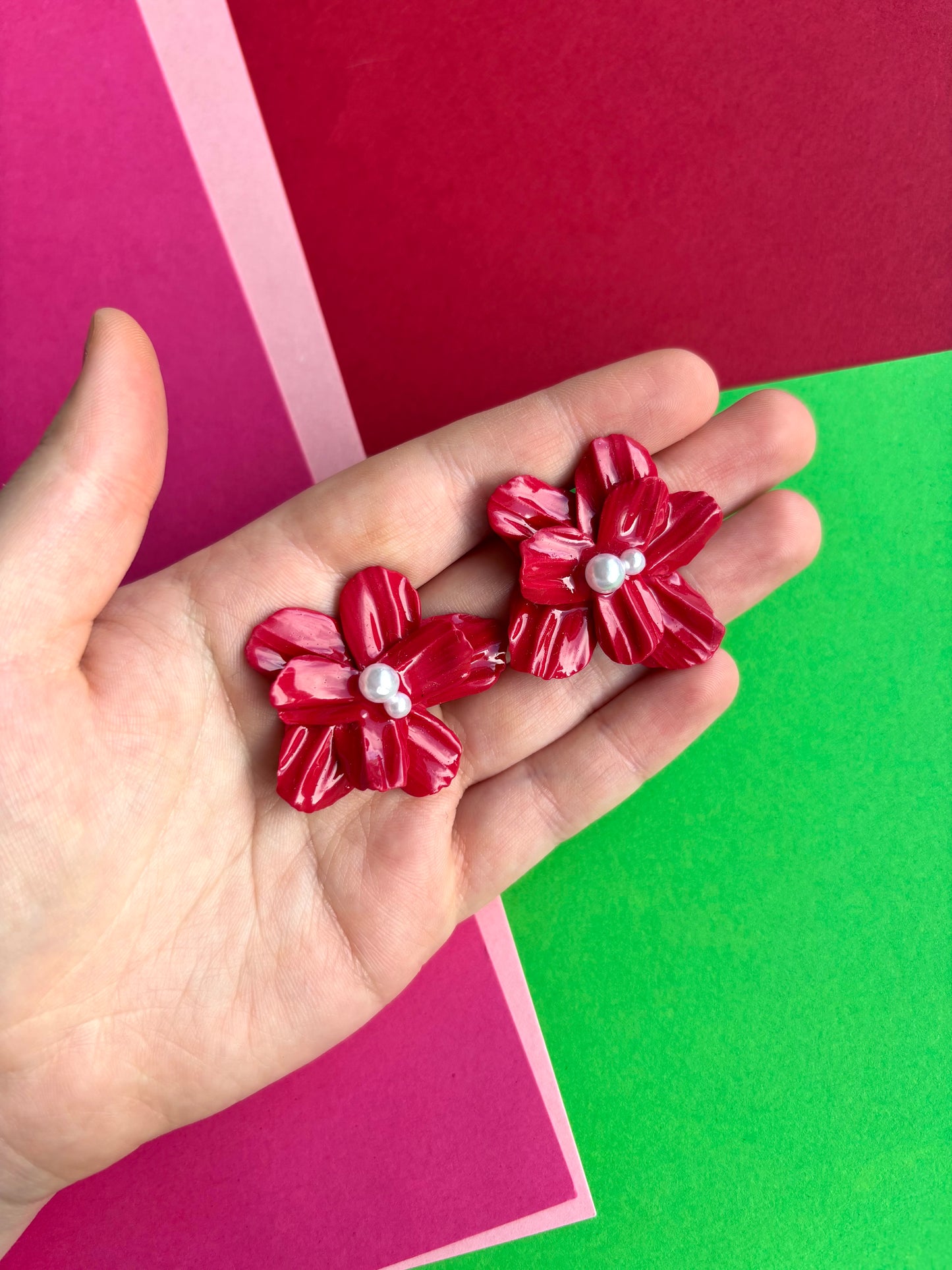 Red Pearl Flower Studs