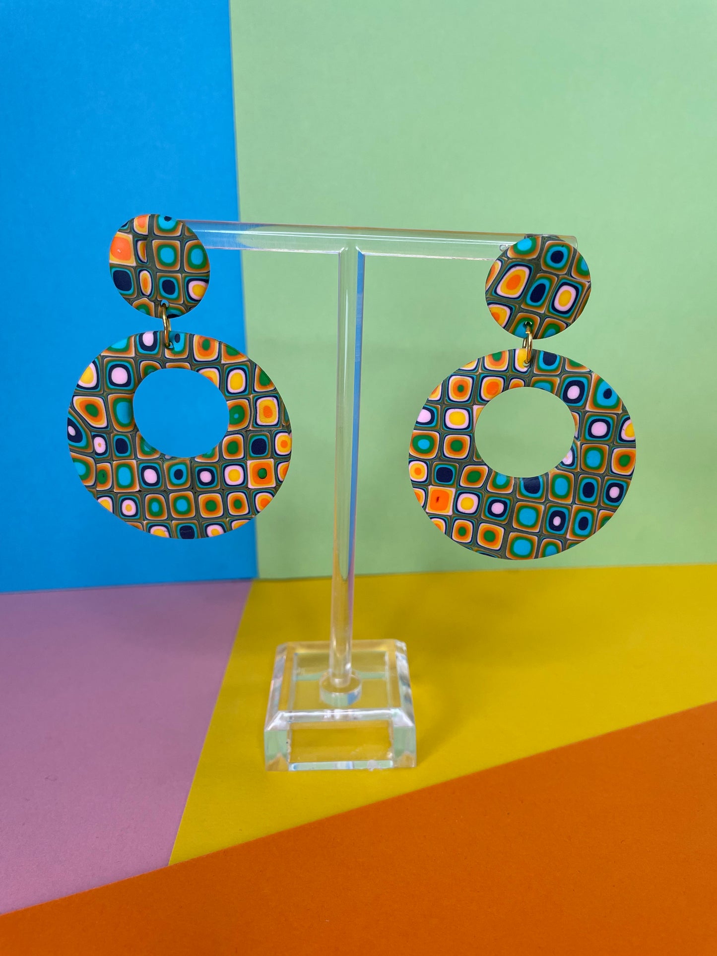 70s Retro Circle Geometric Handmade Polymer Clay Earrings